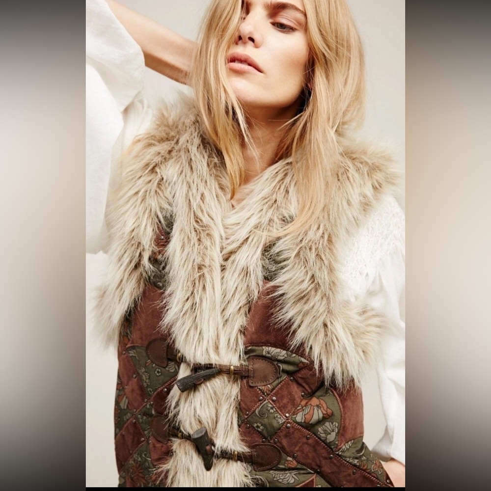 Faux Fur Vest with Brown and Green Accents